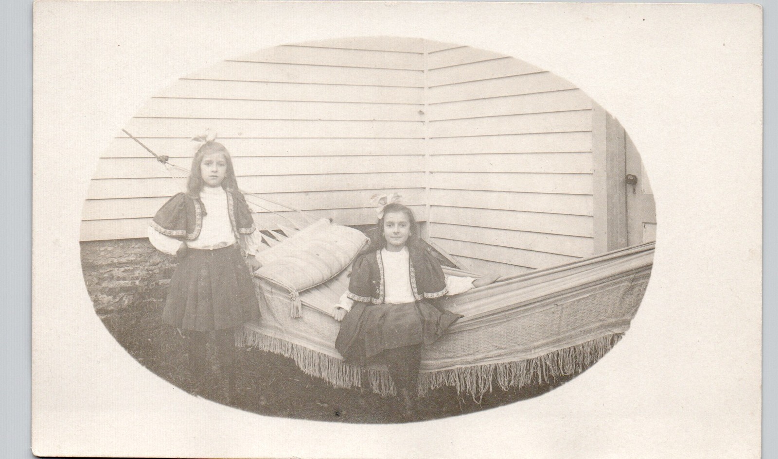 GIRLS IN HAMMOCK & ETHNIC COSTUME c1910 postcard portrait real photo rppc family