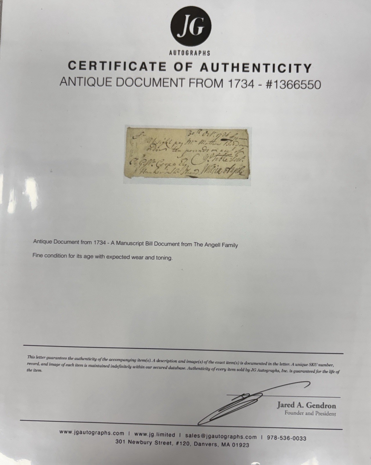 Antique Document from 1734 Manuscript Bill From the Angell Family Fine Cond COA