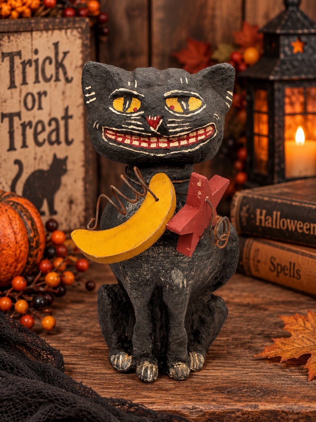 Primitive Halloween Black Cat Moon Figurine Folk Art Distressed Decor Chunky Vtg