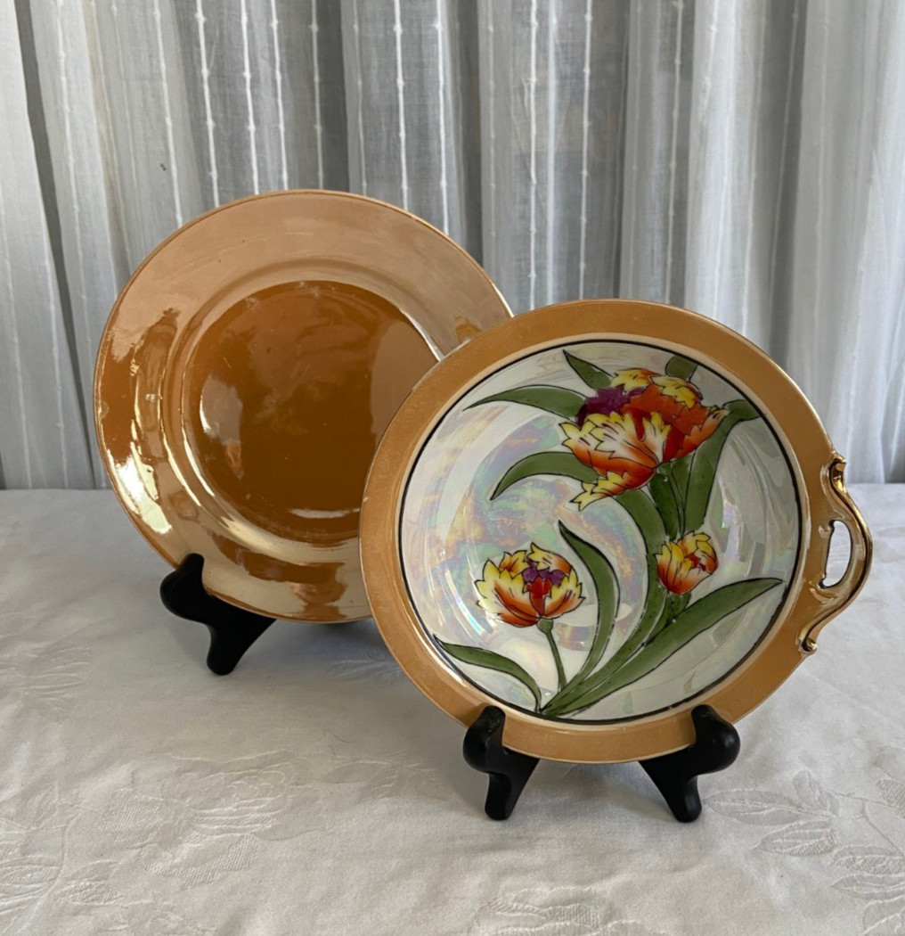 Vintage Japanese Lustre Ware Porcelain Svg Bowl & Plate Noritake Peony Motif Vintage Japanese Lustre Ware Porcelain Svg Bowl & Plate Noritake Peony Motif