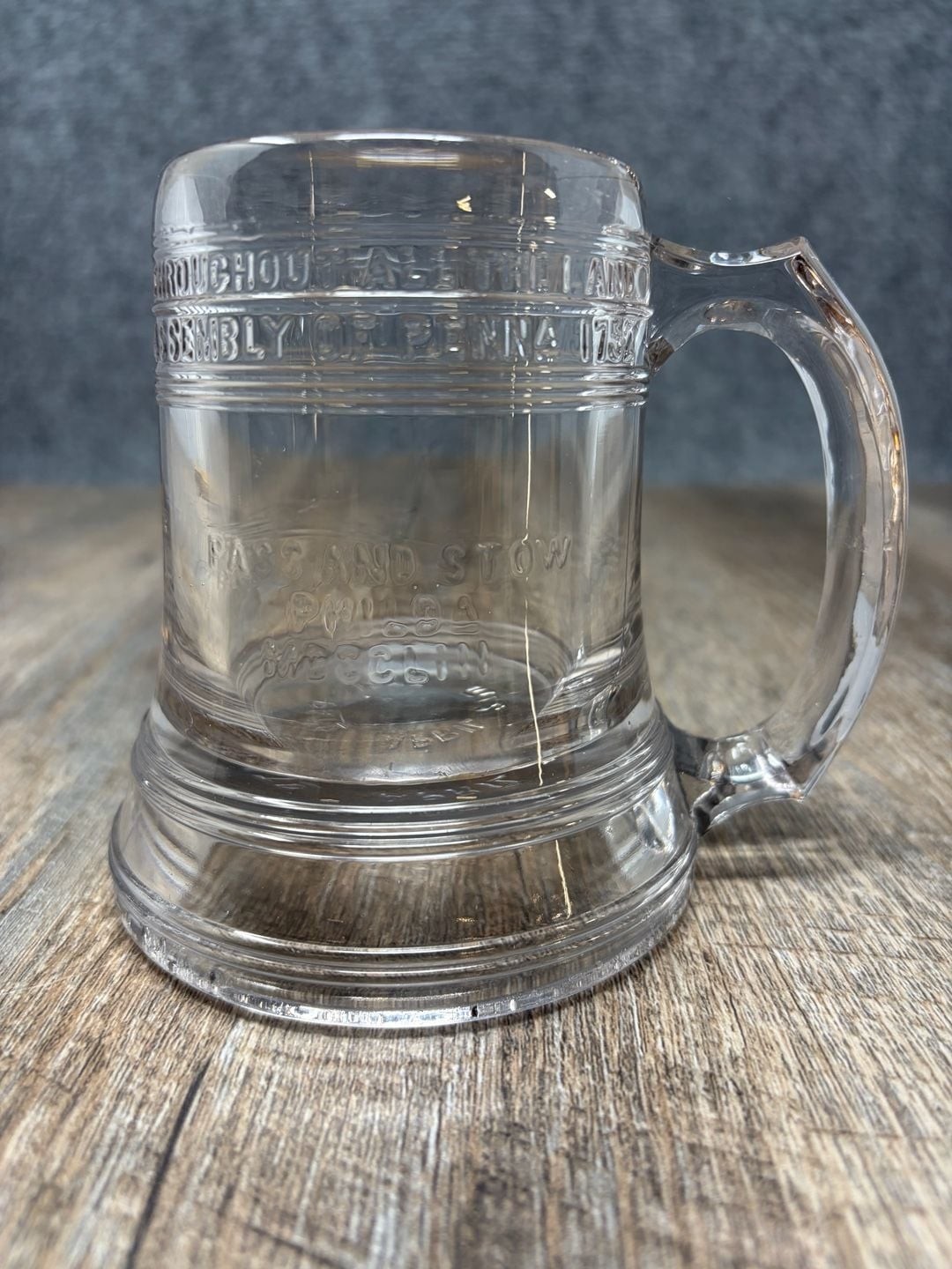 Antique 1876 Philadelphia Expo Centennial Pas And Stow clear Glass Mug-stein EUC