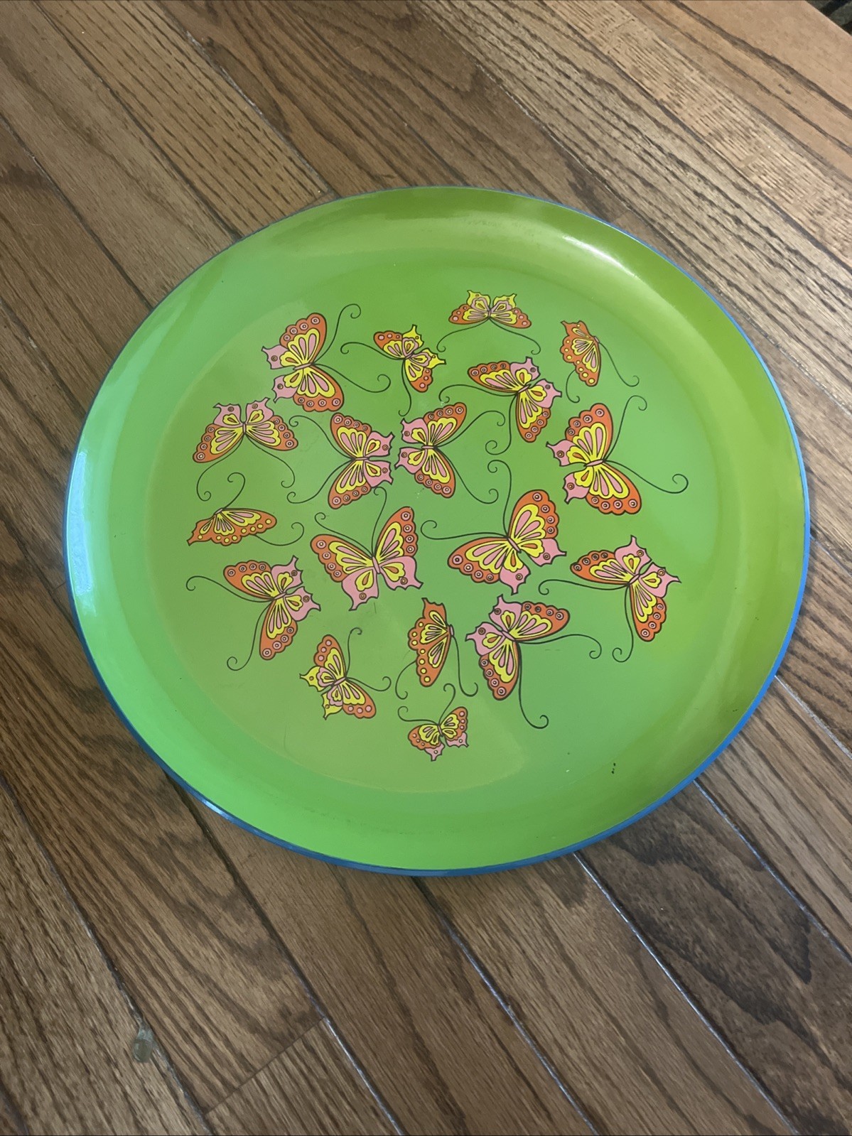 Vintage MCM Round Bright Green Tray Serving Tray with Awesome MCM Butterflies