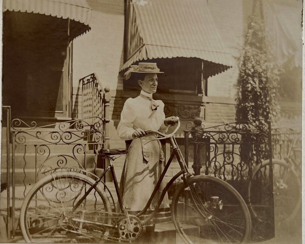 c 1890s Cabinet Card Photograph - Lady with Antique Bicycle - Wrought Iron Fence