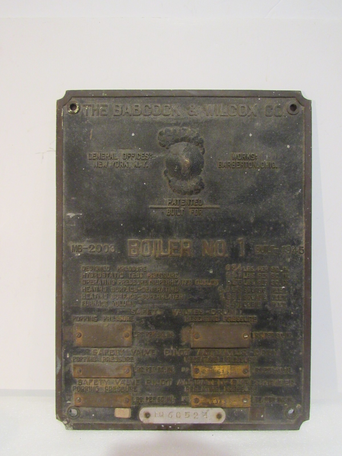 Antique RARE Babcock & Wilcox BOILER Specs Plate Popping Reseating Pressure USA