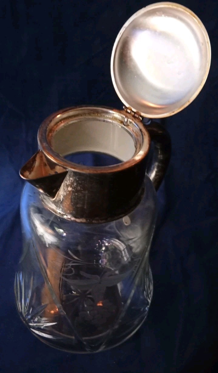 MCM GERMANY CUT GLASS CRYSTAL PITCHER DECANTER ICED CHILLER SILVERPLATE HKE 11\