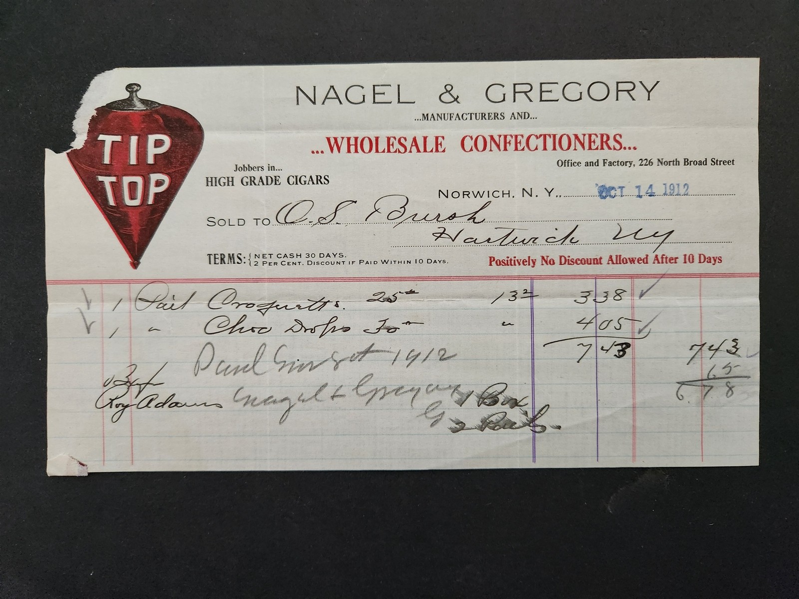 1912 antique NAGEL & GREGORY norwich ny CONFECTIONER & CIGAR invoice TIP TOP