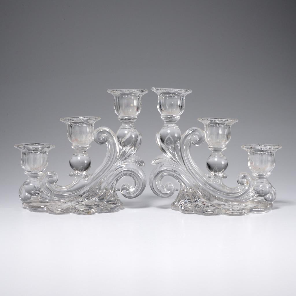 Cambridge Rose Point 3 Light Tiered Etched Candlesticks Pair 6.25\