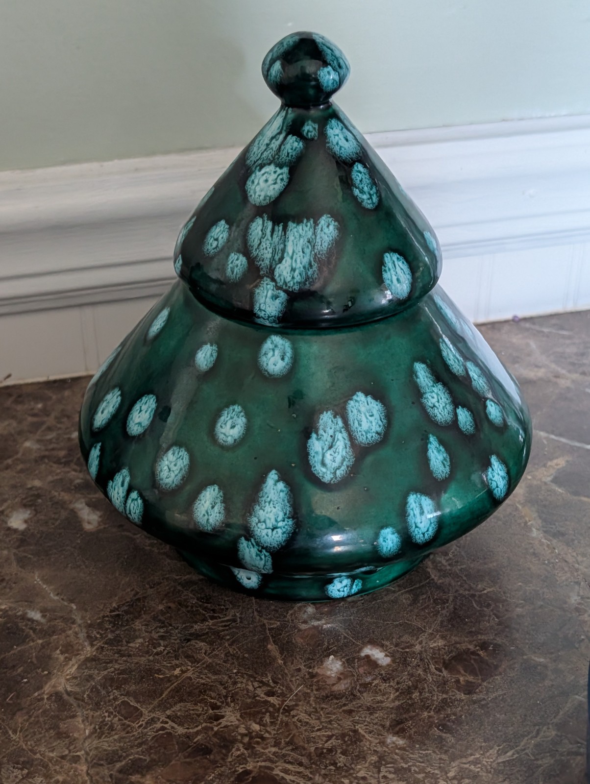 Mid Century Arabesque Lidded Ceramic Cookie Jar Crystalline Drip Glaze Canister