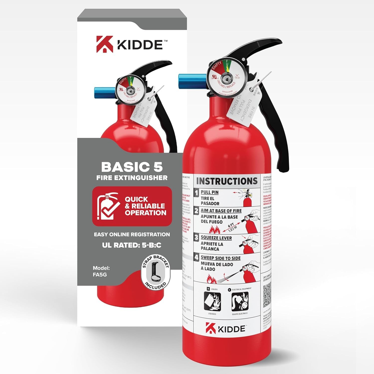 Kidde Basic 5 Fire Extinguisher for Home 5-B:C FA5G Red Aluminum Compact
