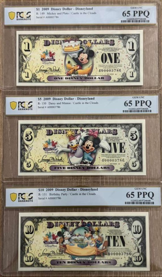 2009 $1/$5/$10 Disney Matching Serial 3 Notes Matching PCGS Graded 65/65/65