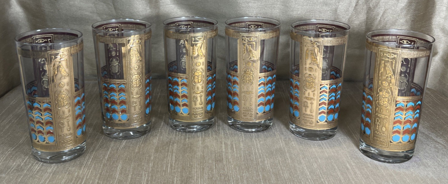 VTG Georges Briard Highball Egyptian Revival Highball Set Turquoise 22K Gold MCM