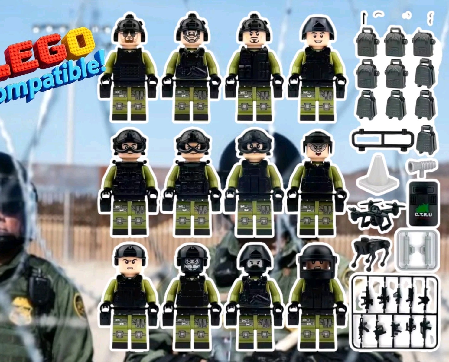 12x Military SWAT Mini figures Set Olive Green Soldier Army Toy Figure War Drone