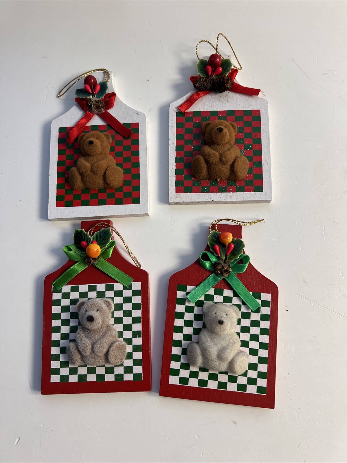 Set 4 Vintage Parma AAI Teddy Bear 3” Wooden Christmas Tree Ornament Taiwan