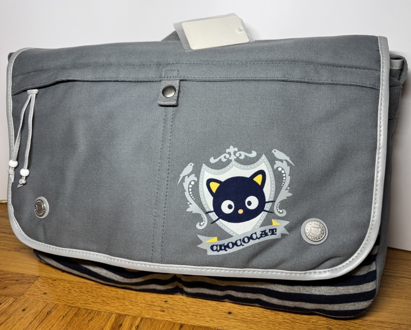 Chococat- Y2K Sanrio- Large Blue Gray Striped Messenger Bag 2008-RARE-NEW W/ TAG
