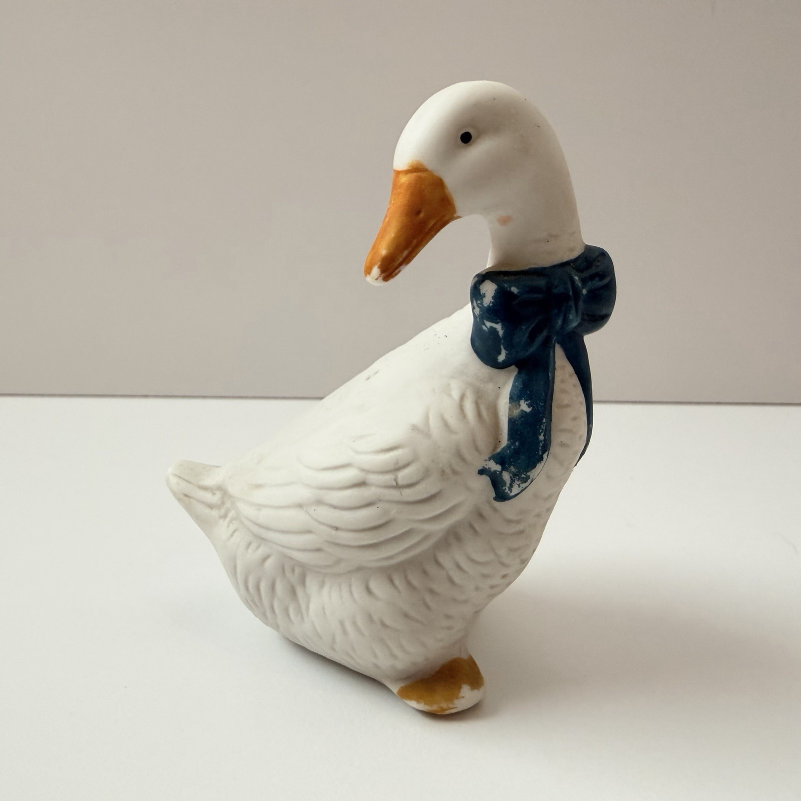 Vintage Ceramic Goose Figurine Blue Bow White Bisque Farmhouse Cottage Decor
