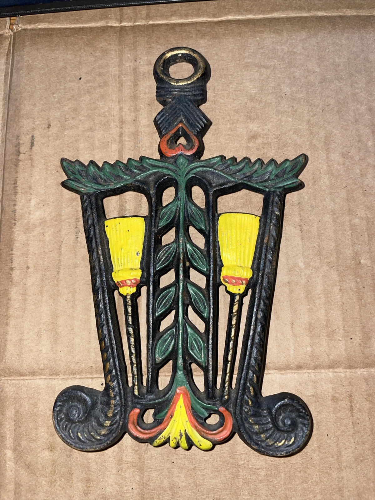Vintage Cast Iron Trivet Grain & Tassel Marked 254 Painted Vintage Cast Iron Trivet Grain & Tassel Marked 254 Painted
