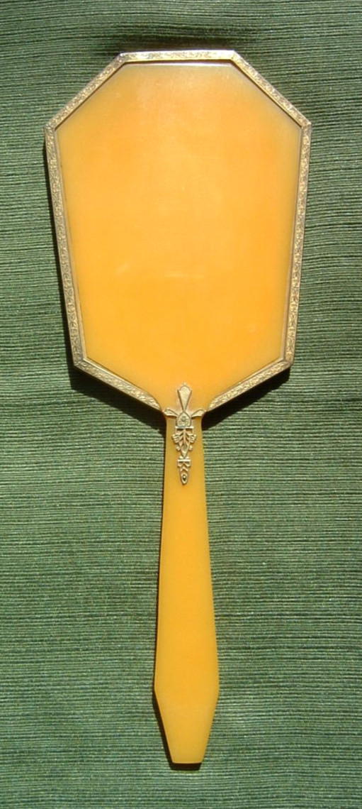 Elegant Antique Vtg Butterscotch Celluloid/Pyralin Hand Mirror Marked Dupont USA