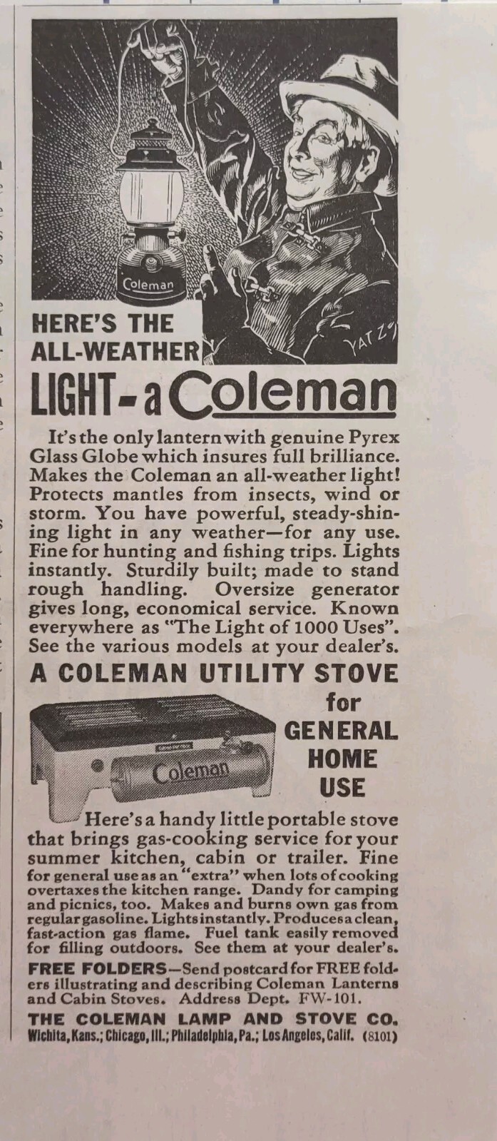 Coleman Wichita KS All-Wrather Light Gas Lantern Stove Vintage Print Ad 1938