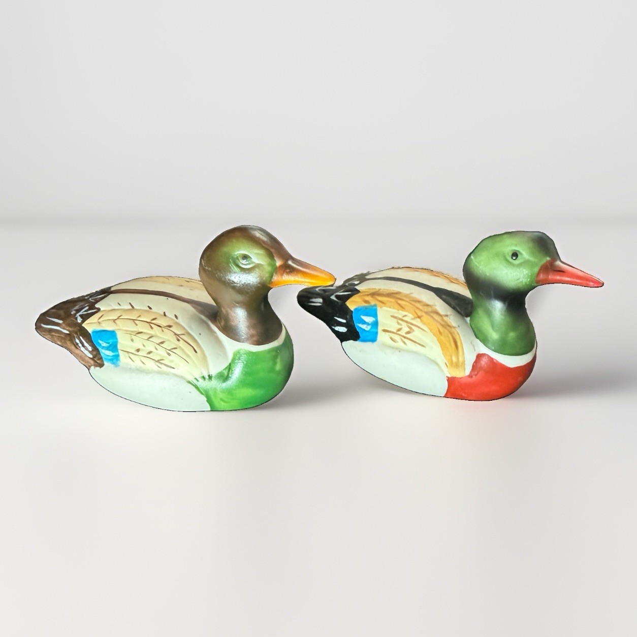 Vintage Hand Painted Ceramic Duck Figurines Pair Mallard Taiwan 4” Set Of 2
