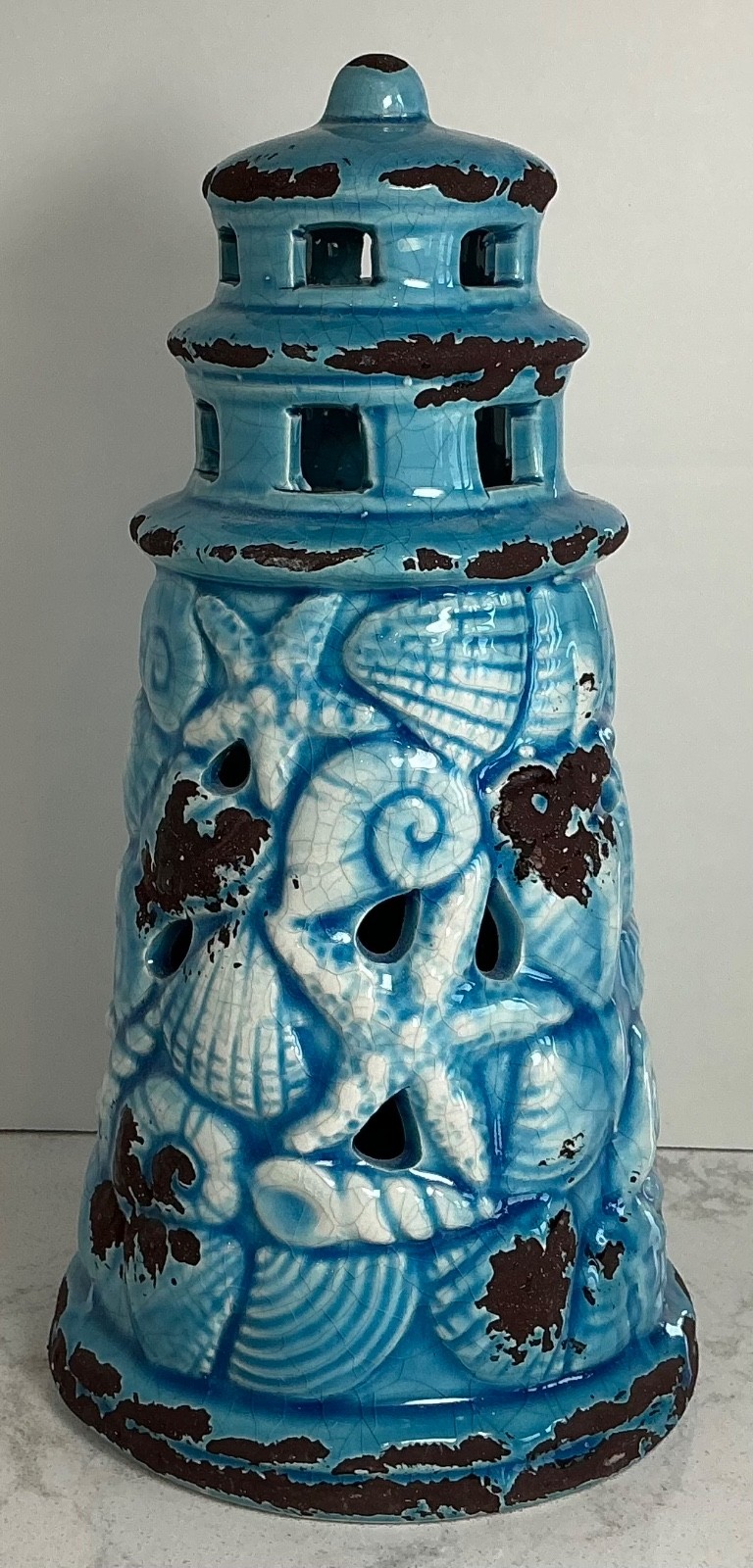 Lighthouse Blue Ceramic w/ Battery Light Distressed Coastal Nautical Beach