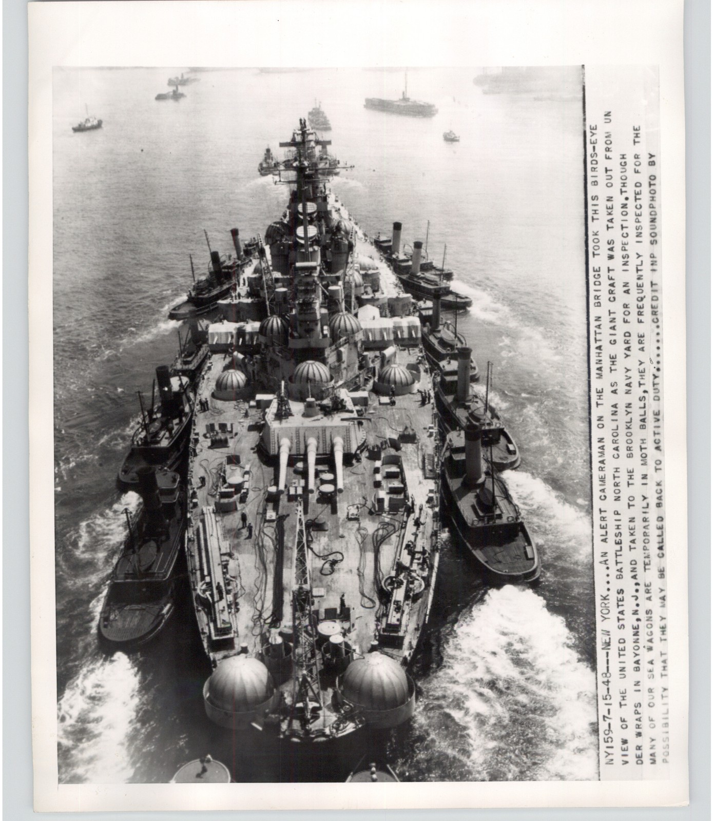 USS North Carolina Battleship Towed to Bayonne Navy Yard 1948 Press Photo
