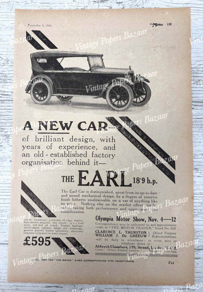 The Earl Car Eric-Campbell Dobson & Smith antique 1921 double-sided print