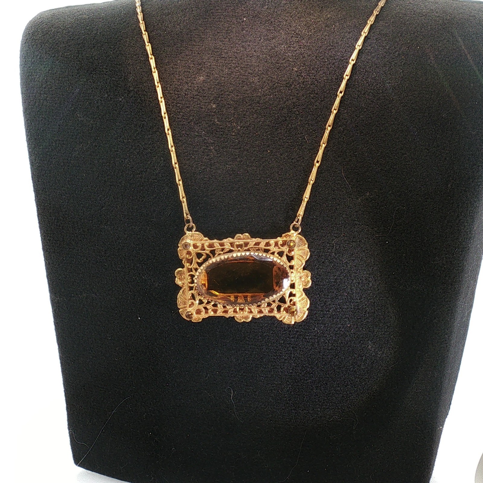 Vintage Art Deco Amber Glass Necklace Brass Filigree Pendant