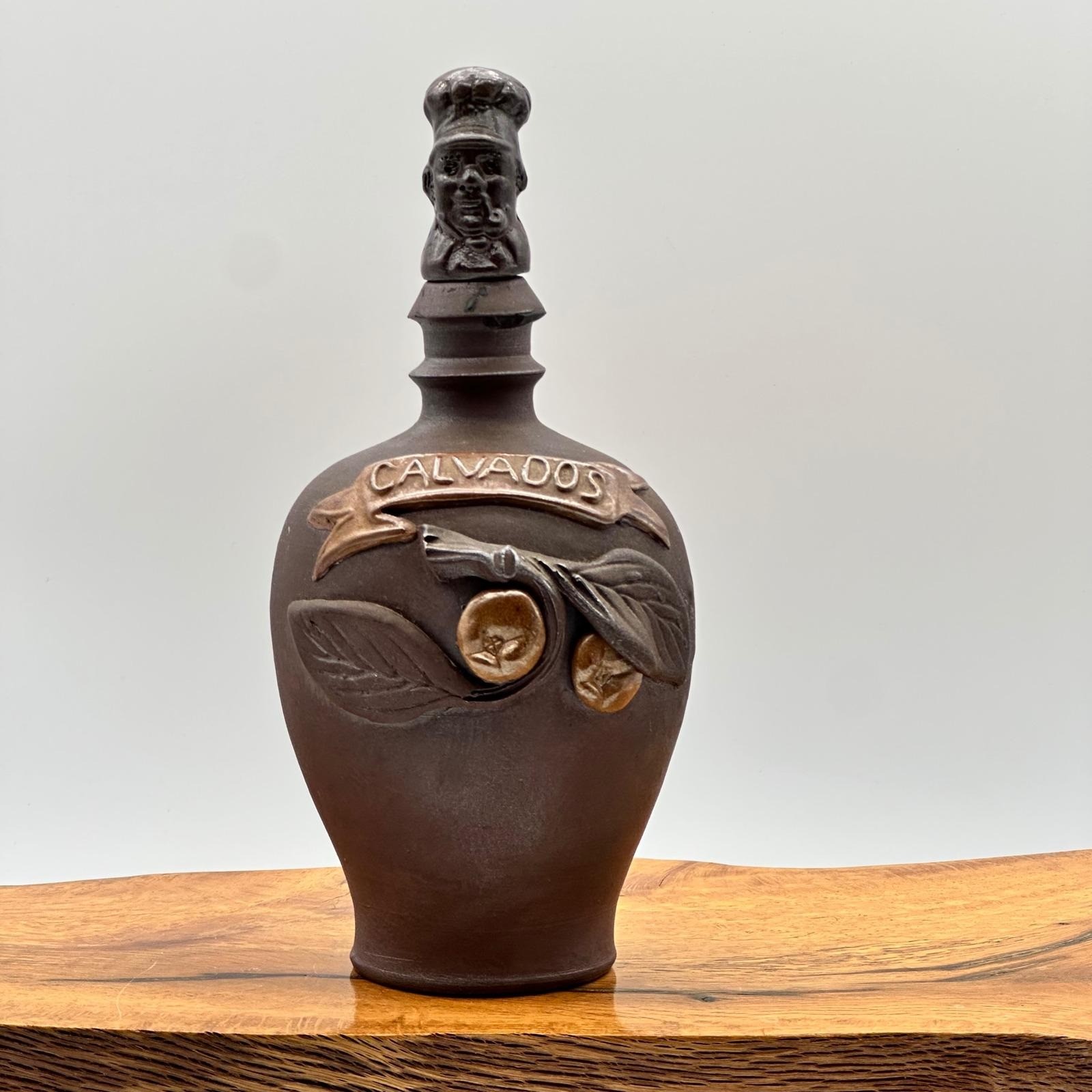 Calvados Vintage French Stoneware Decanter Jug with Figural Head Stopper