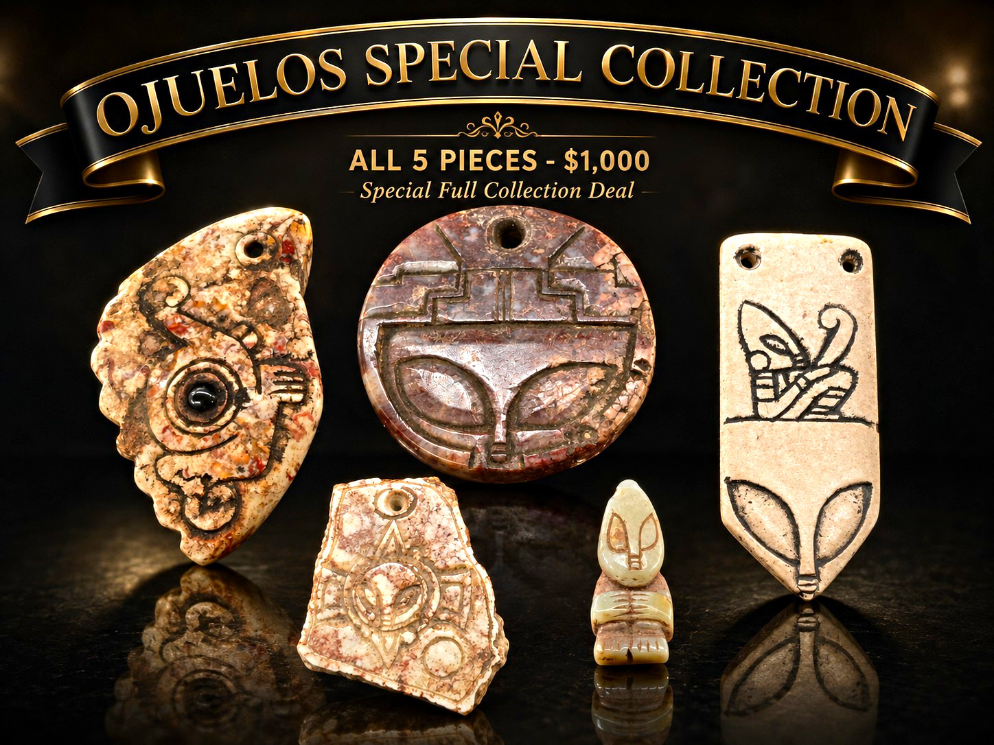 Ojuelos 5 Piece Alien Artifact Colection Sun God Jade Mask Glyph Stargate Relic