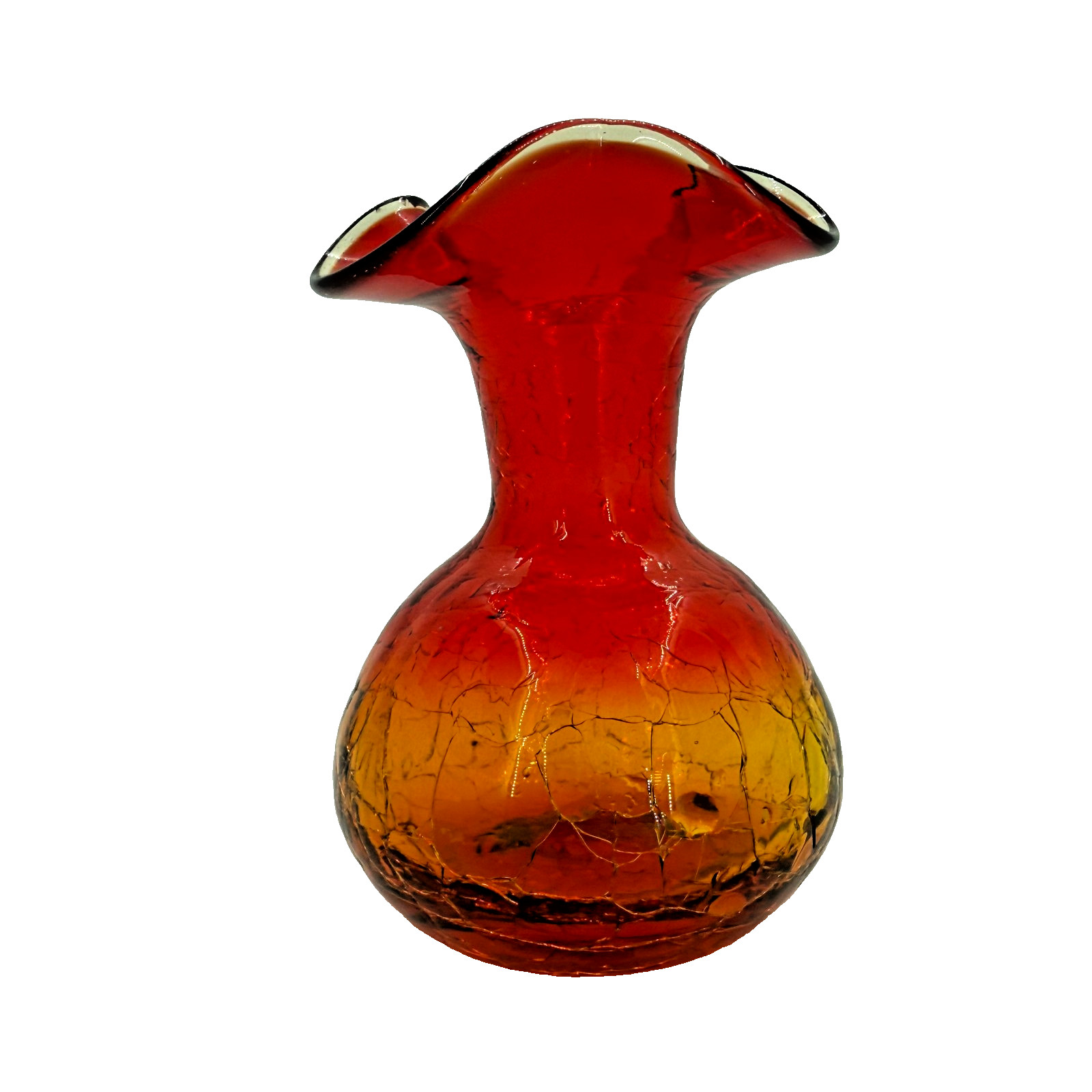 Vintage Amberina Hand Blown Crackle Glass Vase Ruffle Rim 4”