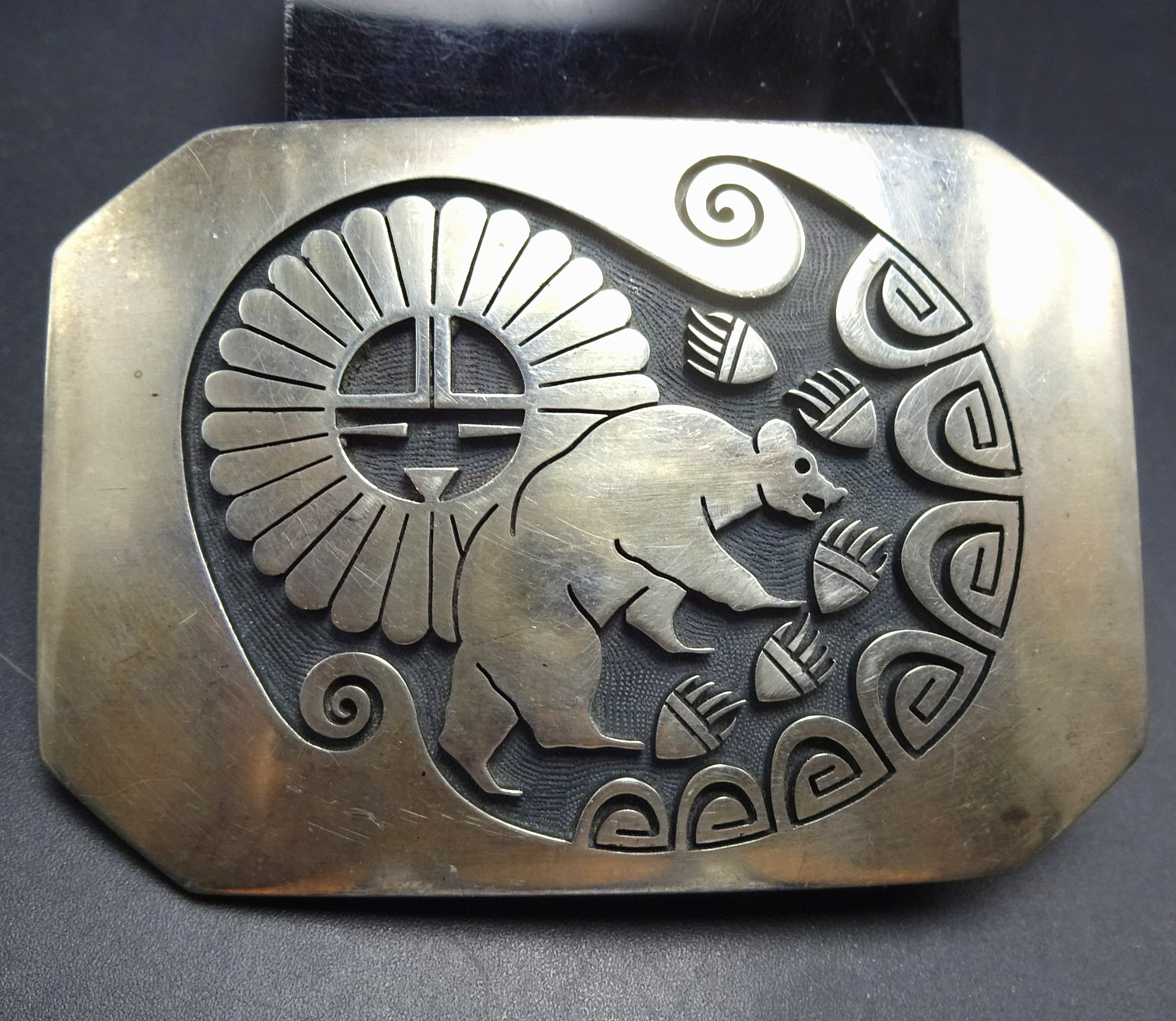 VINTAGE Gary Elsie Yoyokie HOPI Sterling Silver Overlay BELT BUCKLE Bear SunFace