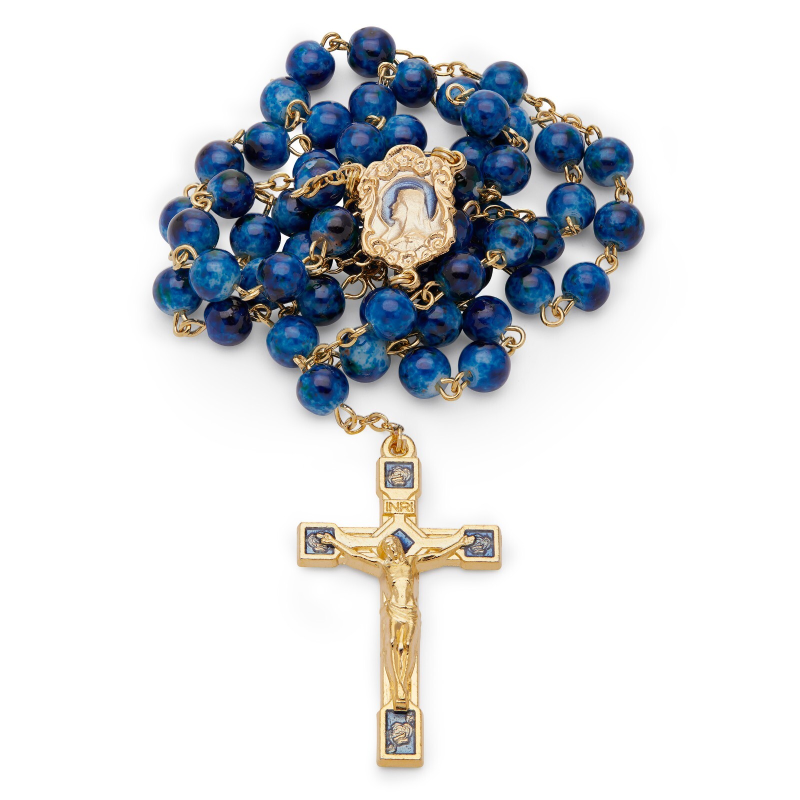 Golden Rosary Blue Glass Beads Catholic Prayer Necklace from Vatican Francis