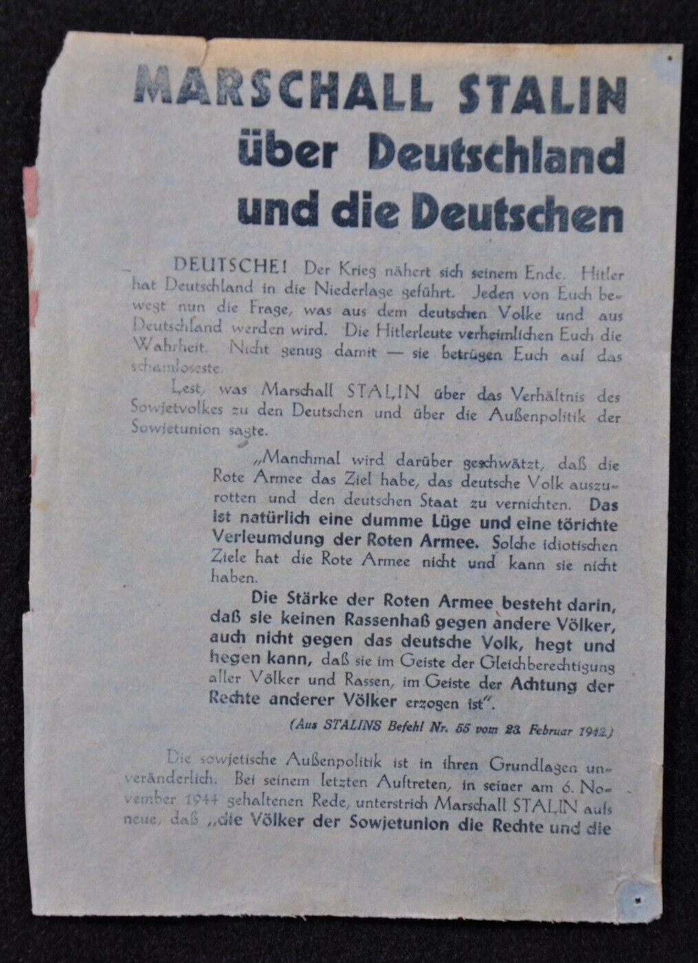 Original WWII Red Army Leaflet Stalins Message to Germans Oder Front 1945 RARE