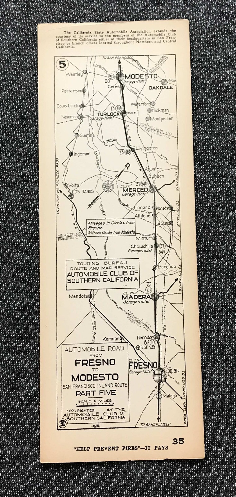 1910s AAA Auto Club Fresno Modesto CA Strip Road Street Map Inland Route Pt 5 35