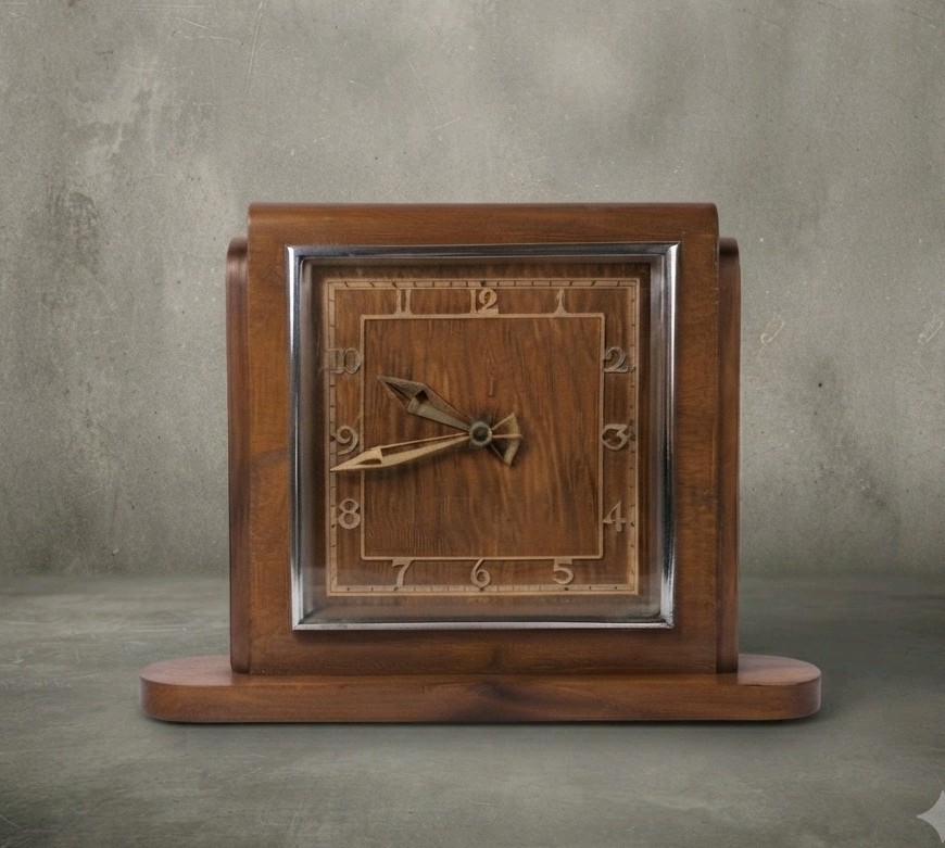 Vintage Art Deco Garrard Mantel Clock Veneered Wood Chrome Bezel Arabic Numbers
