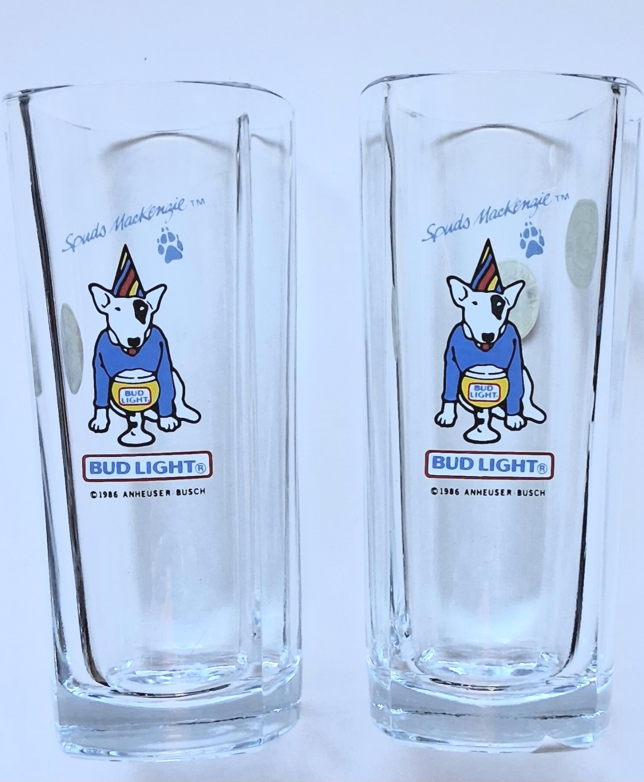 Spuds Mackenzie Vintage 1986 Lot 2 Beer Glasses Square Sides Heavy Glass NEW