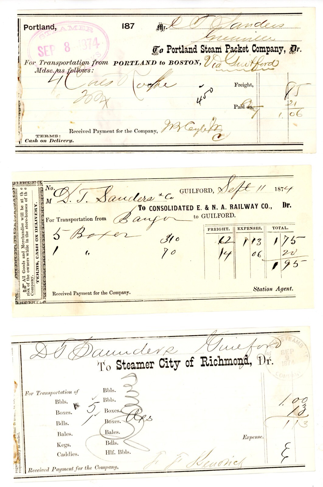 1874 3 receipt Portland Steam Packet City Richmond Consolidated Railway Portland 1874 3 receipt Portland Steam Packet City Richmond Consolidated Railway Portland