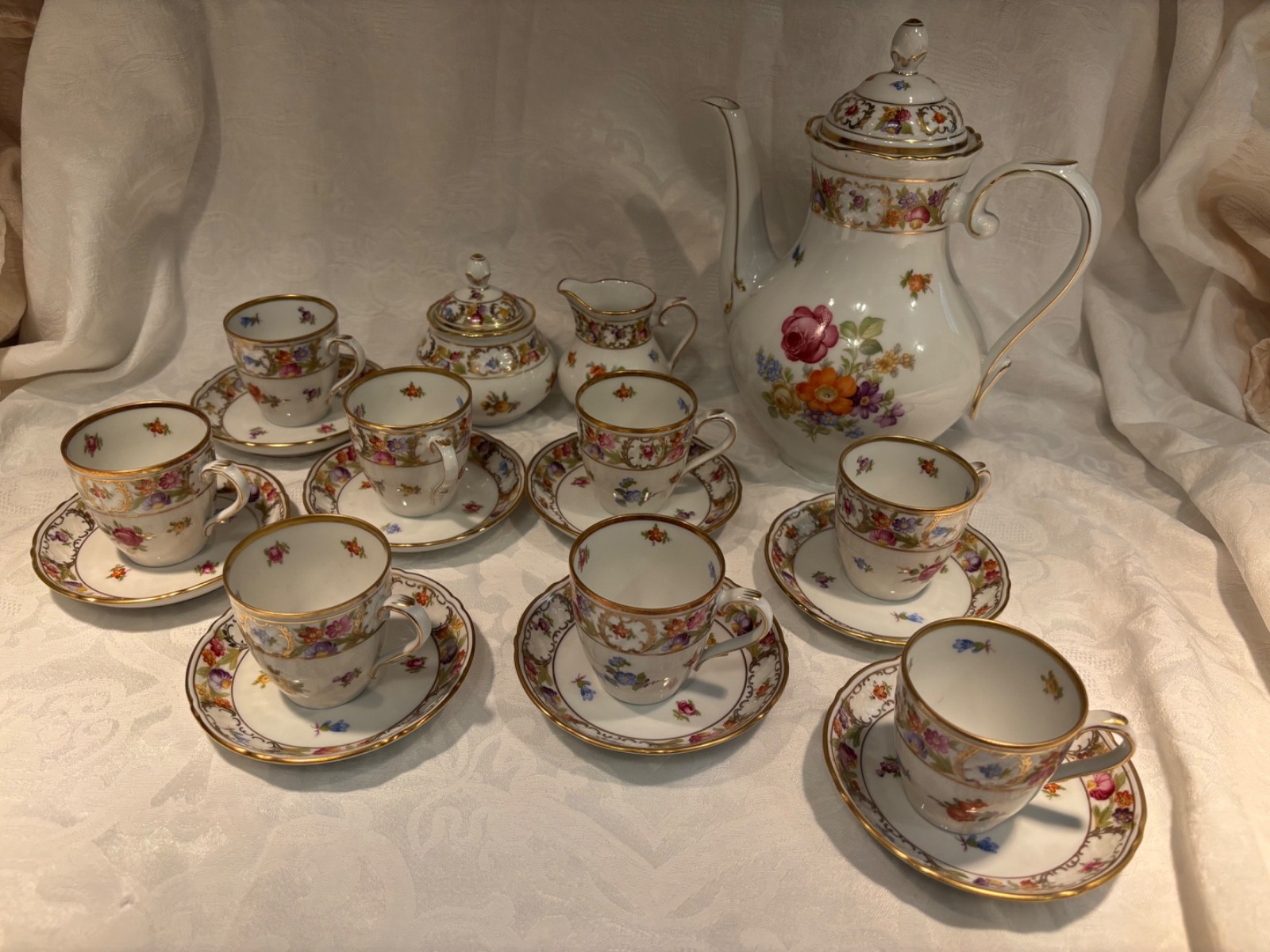 Empress Dresden Flowers Demitasse Set Coffee, Creamer, Sugar