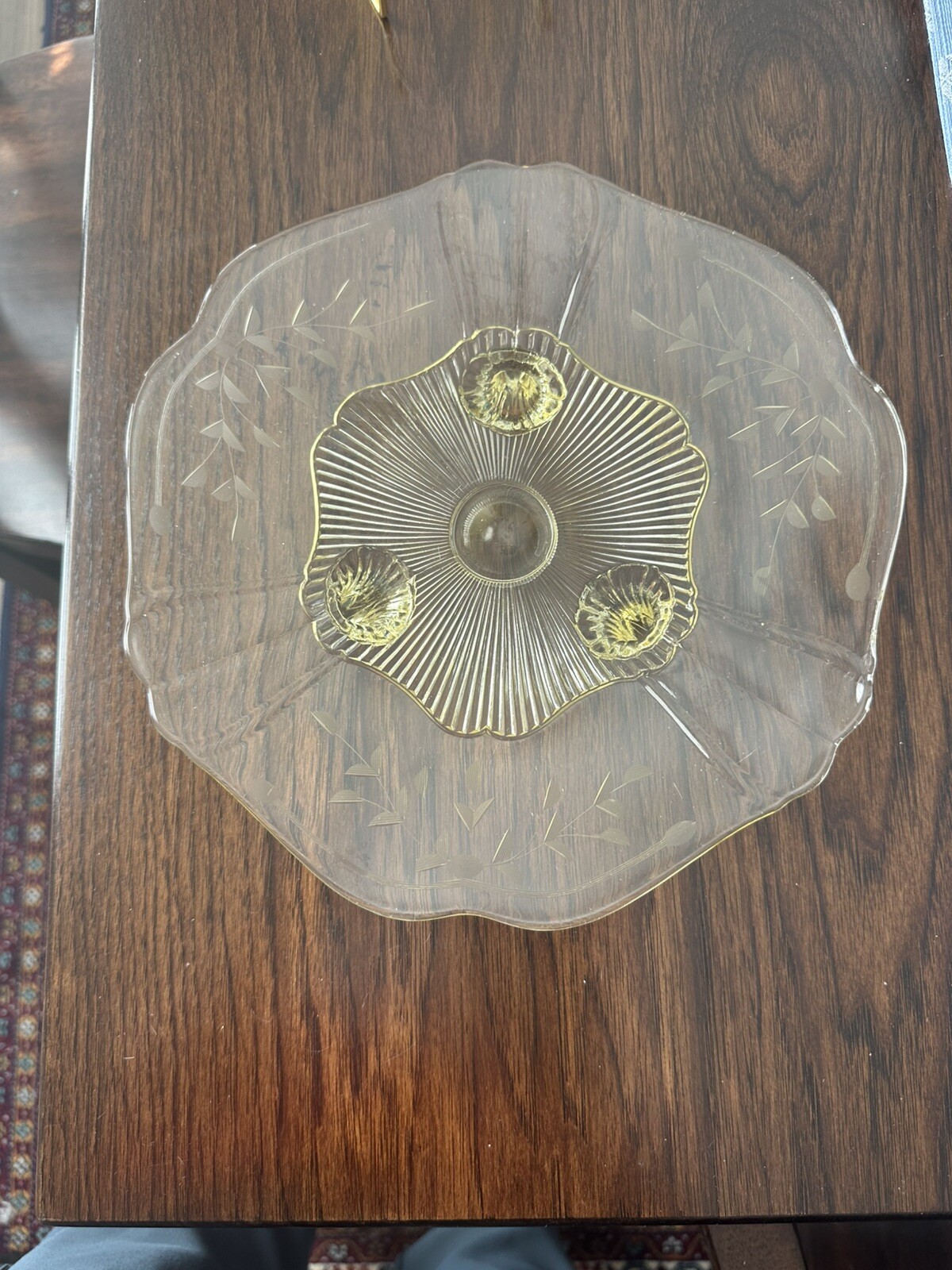 1930s Lancaster Yellow Depression Glass 3 Footed Shallow 10” Bowl Petal Rim
