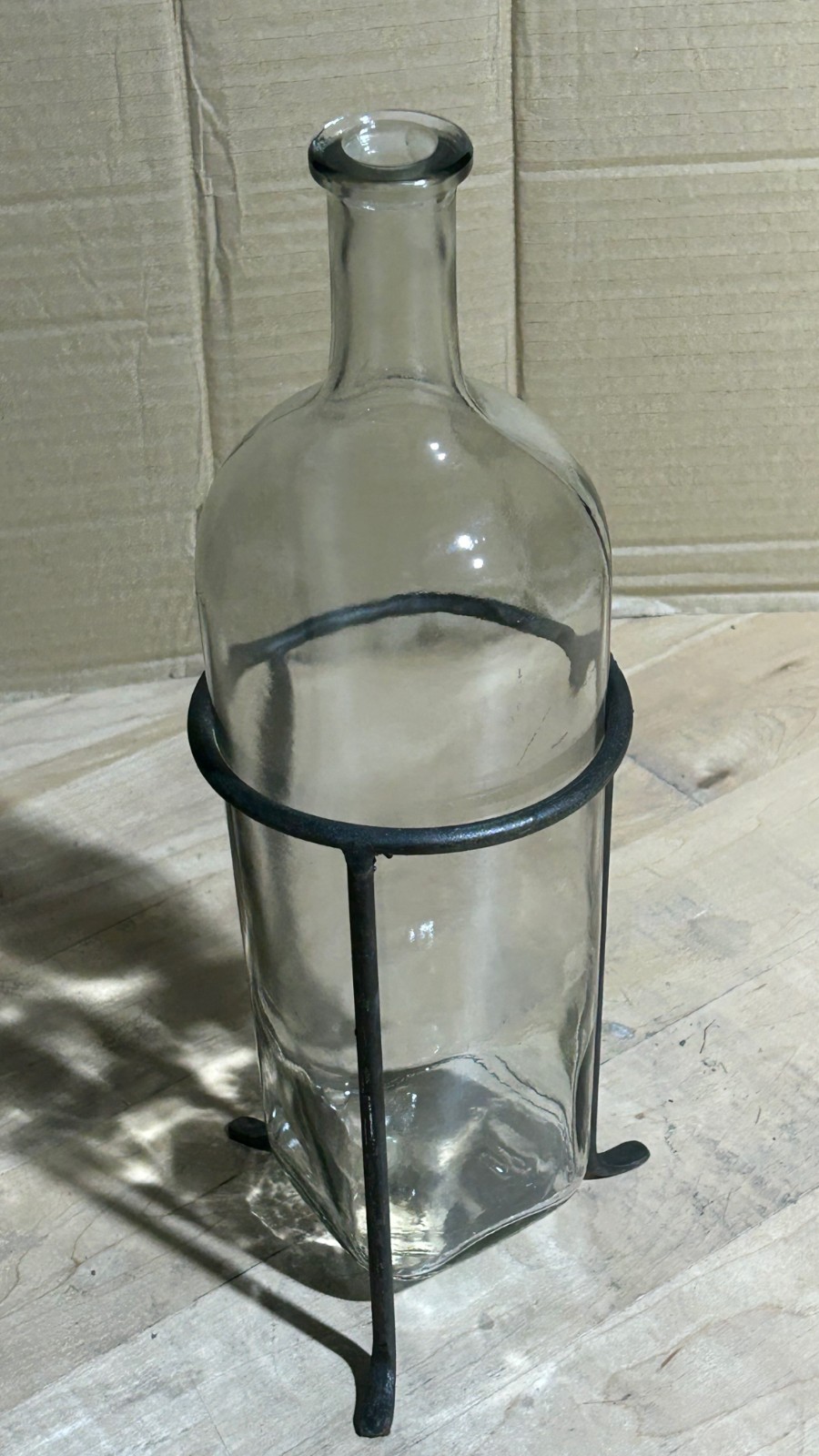 Unique Vintage Glass Bottle with Square Bottom and Metal Stand