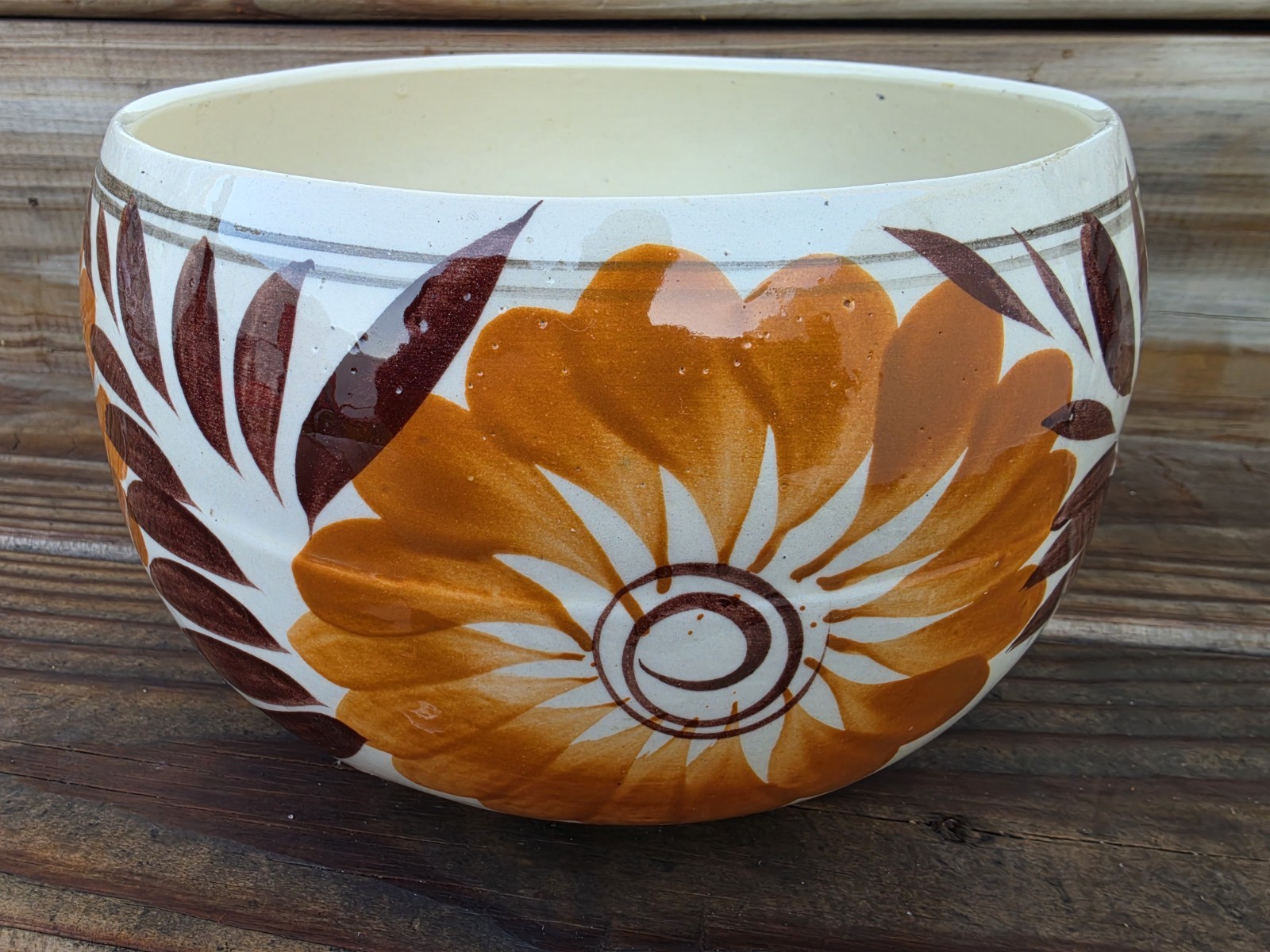 Large Vintage 1970s Hand Painted Ceramic Planter Pot Orange Flowers 9\ Large Vintage 1970s Hand Painted Ceramic Planter Pot Orange Flowers 9\