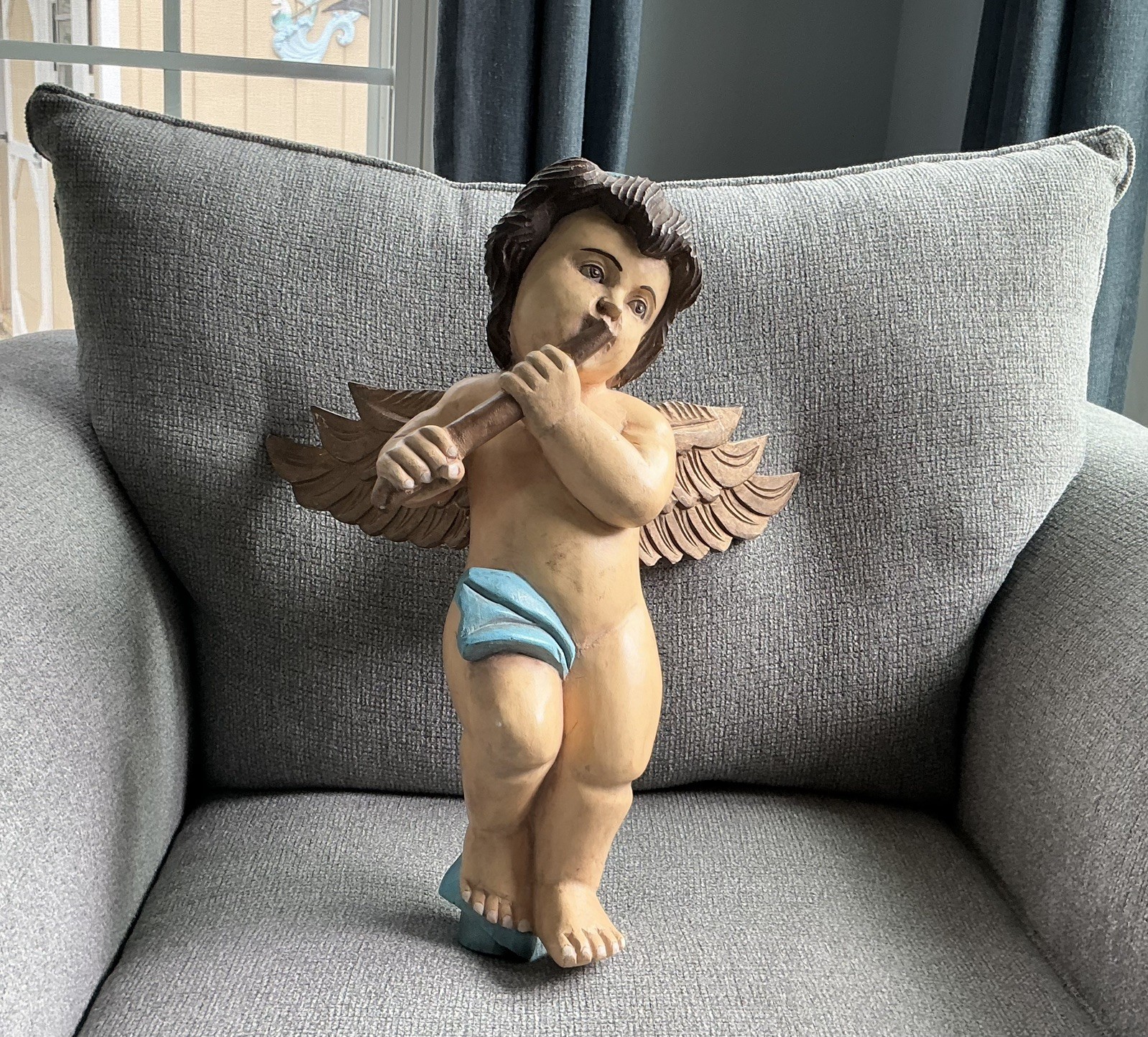 Antique Hand Carved Painted Wood Large Angelic Cherub Putti  Sculpture 18