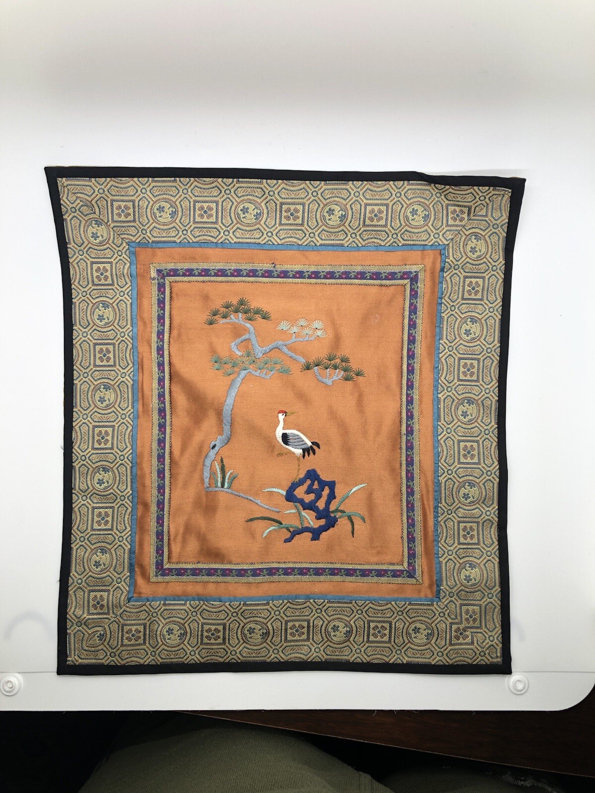 Vintage Emboidered Silk Asian Wall Hanging 10.5” X 11.5