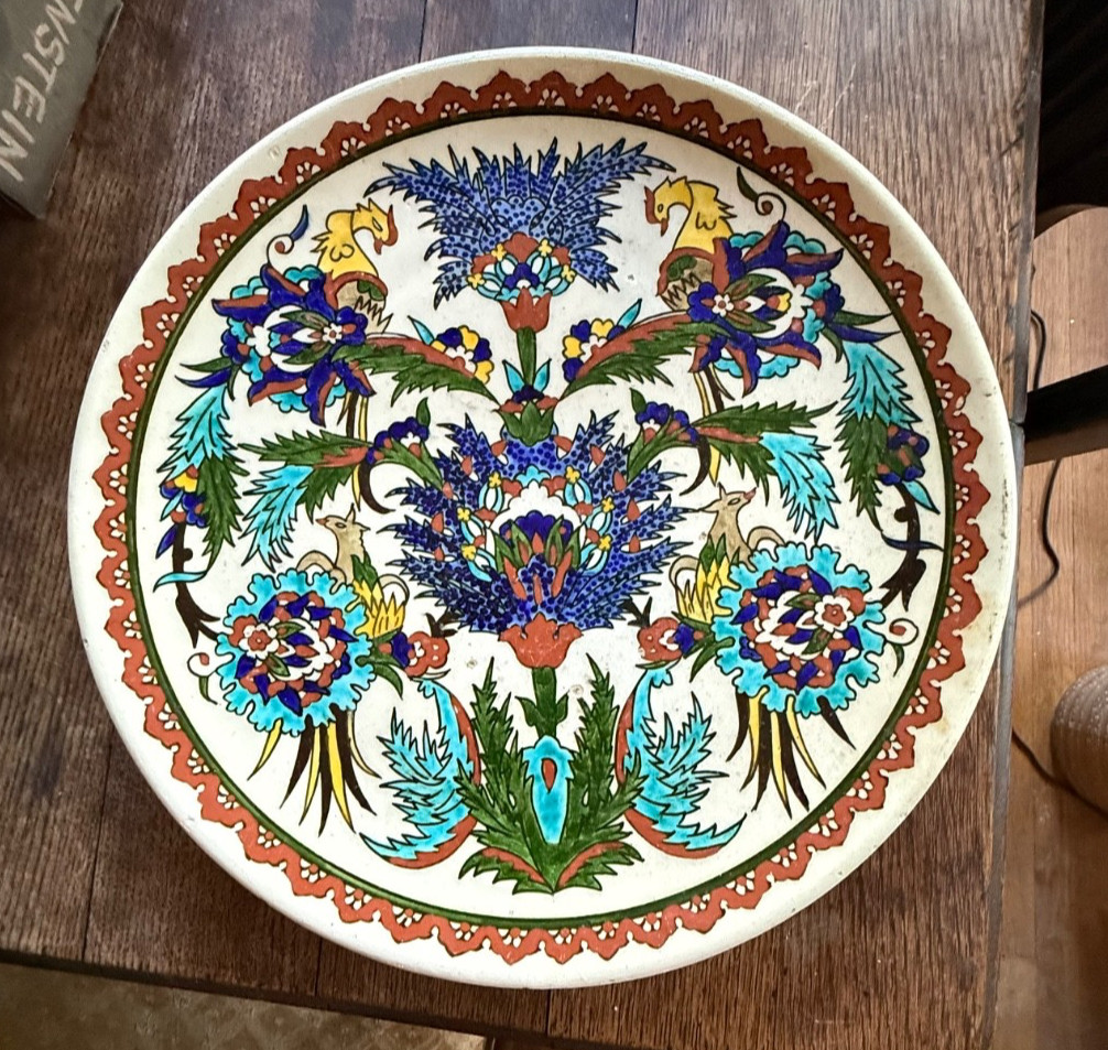 Vintage Turkish Kutahya Iznik Style Hand Painted Ceramic Wall Plate Birds Floral