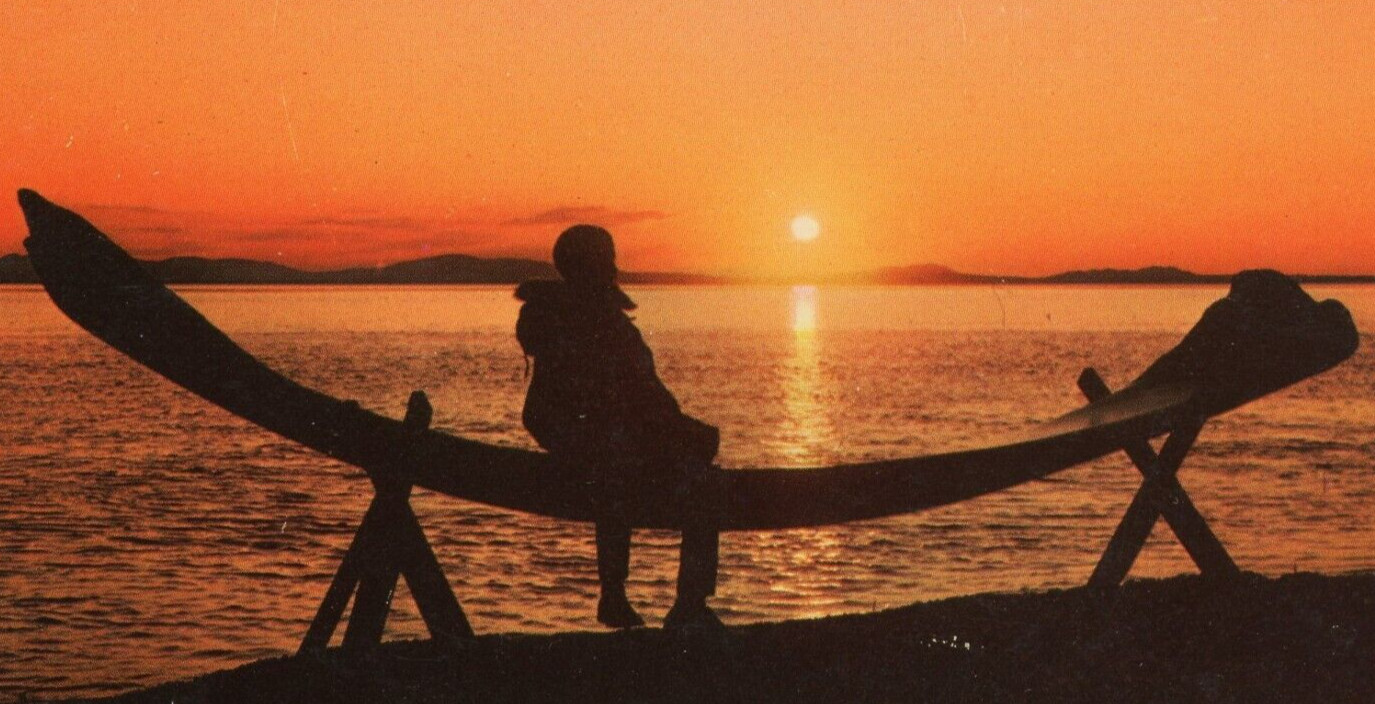 Vtg Kotzebue Alaska AK Boy Sitting on Whale Jawbone Midnight Sunset Postcard Vtg Kotzebue Alaska AK Boy Sitting on Whale Jawbone Midnight Sunset Postcard