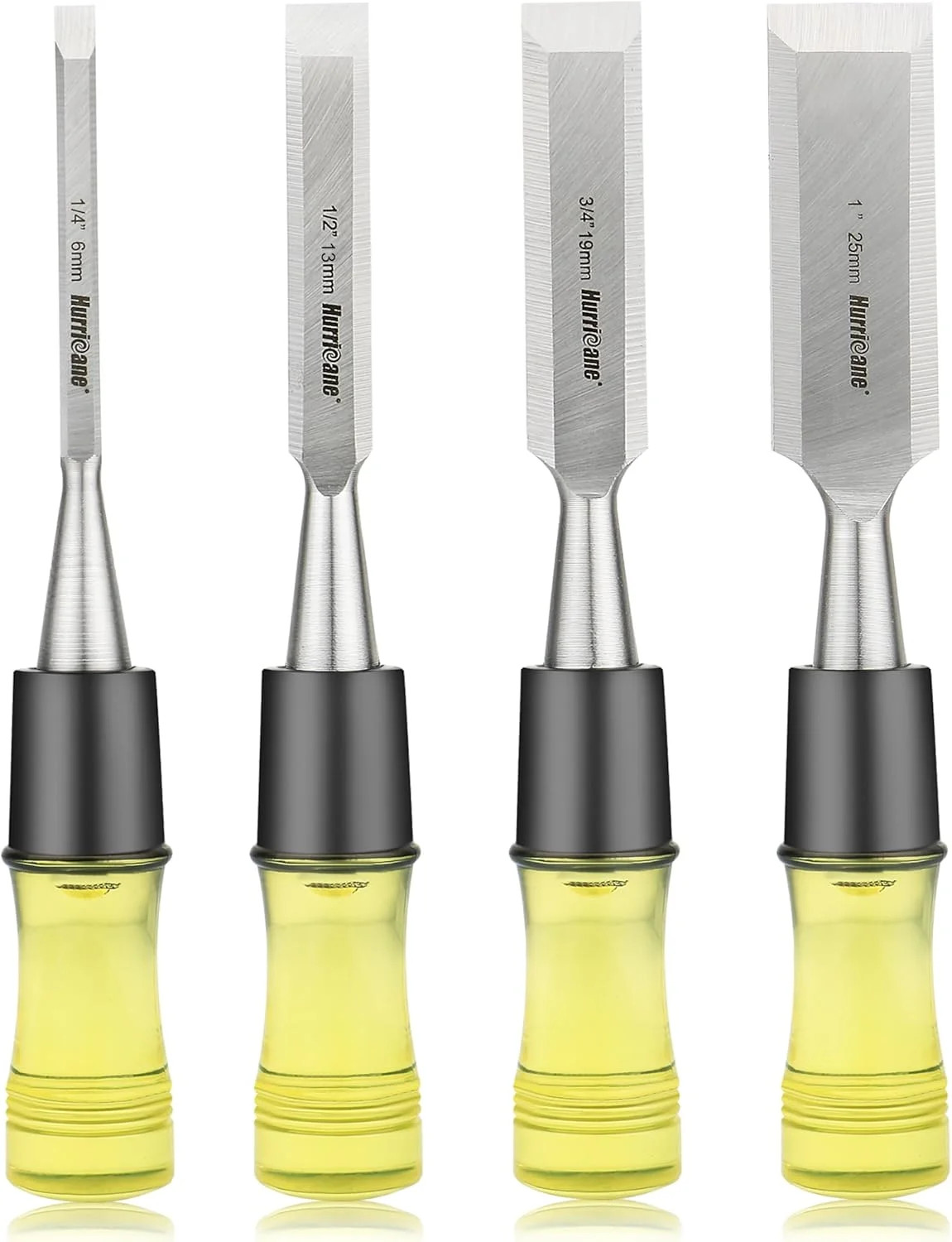 4 Piece Wood Chisel Set for Woodworking. CR-V Steel Beveled Edge Blade