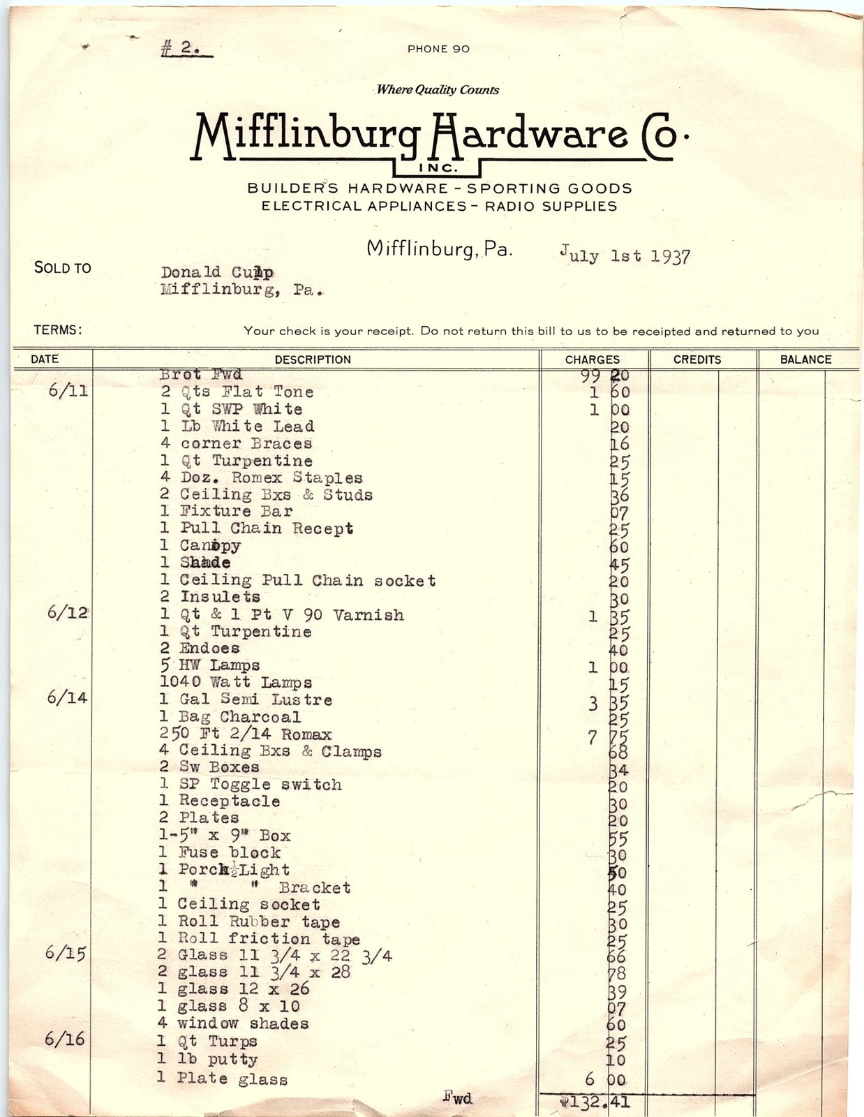 1937 Mifflinburg Hardware Co. vintage billhead 1937 Mifflinburg Hardware Co. vintage billhead