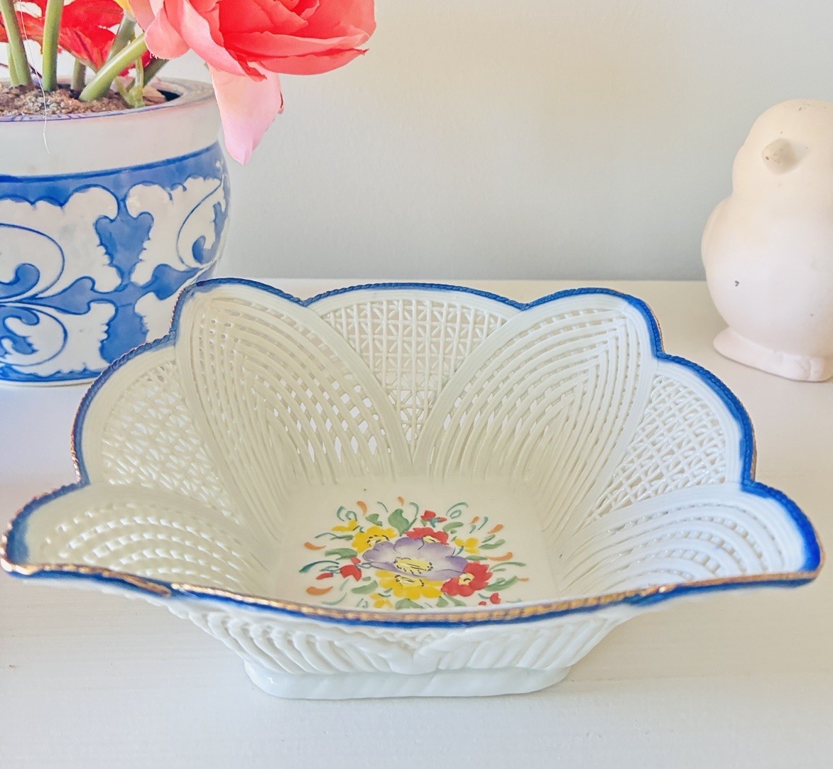 Vintage Porcelain Reticulated Bowl 6” Blue Gold Trim Floral Openwork Candy dish Vintage Porcelain Reticulated Bowl 6” Blue Gold Trim Floral Openwork Candy dish