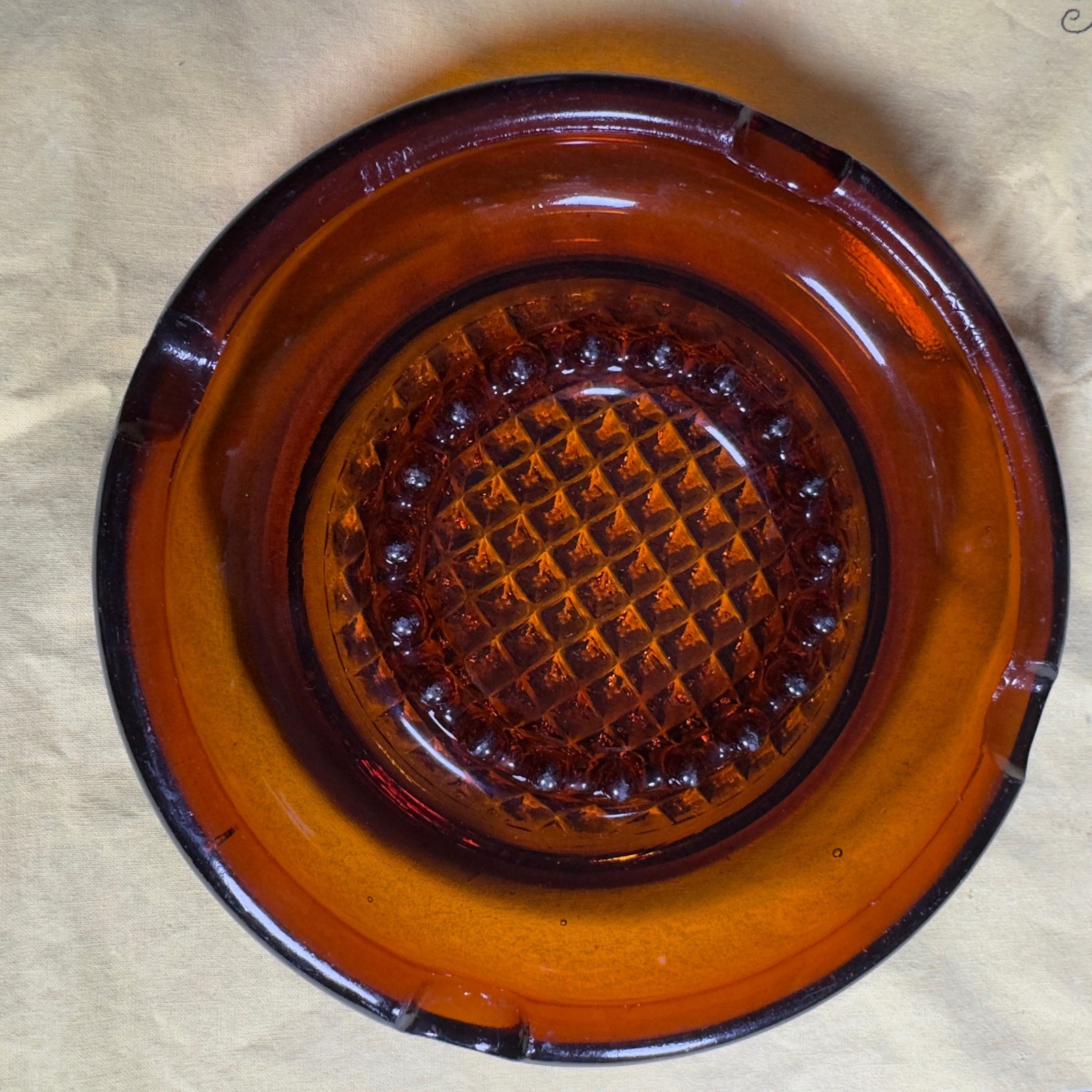 Vintage Amber Glass Ashtray Round Mid Century Modern Diamond Point 7.25 Inch