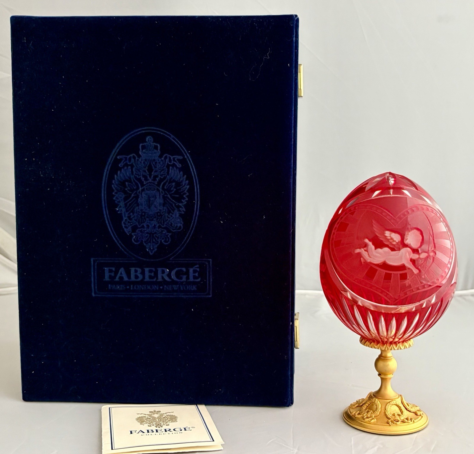 RARE FABERGE IMPERIAL RUBY RED ETCHED ESSEX CUPID CRYSTAL EGG ON STAND LE COA